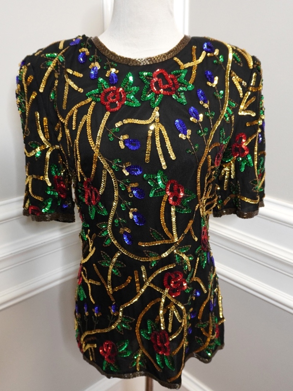 80's Eve's Allure "New With Tags" Premium Silk/Vintage Sequin Blouse, Size M